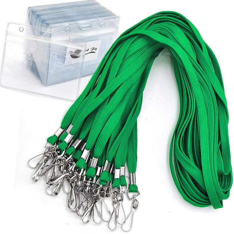 Bird Fiy Name Tags Green Lanyards/Badge Holder Pairs Woven Round Lanyard & Horizontal Sealable Waterproof Clear Plastic ID Card Lanyards with id Holder Name Badges (Green, 50 Pack) - Image 1